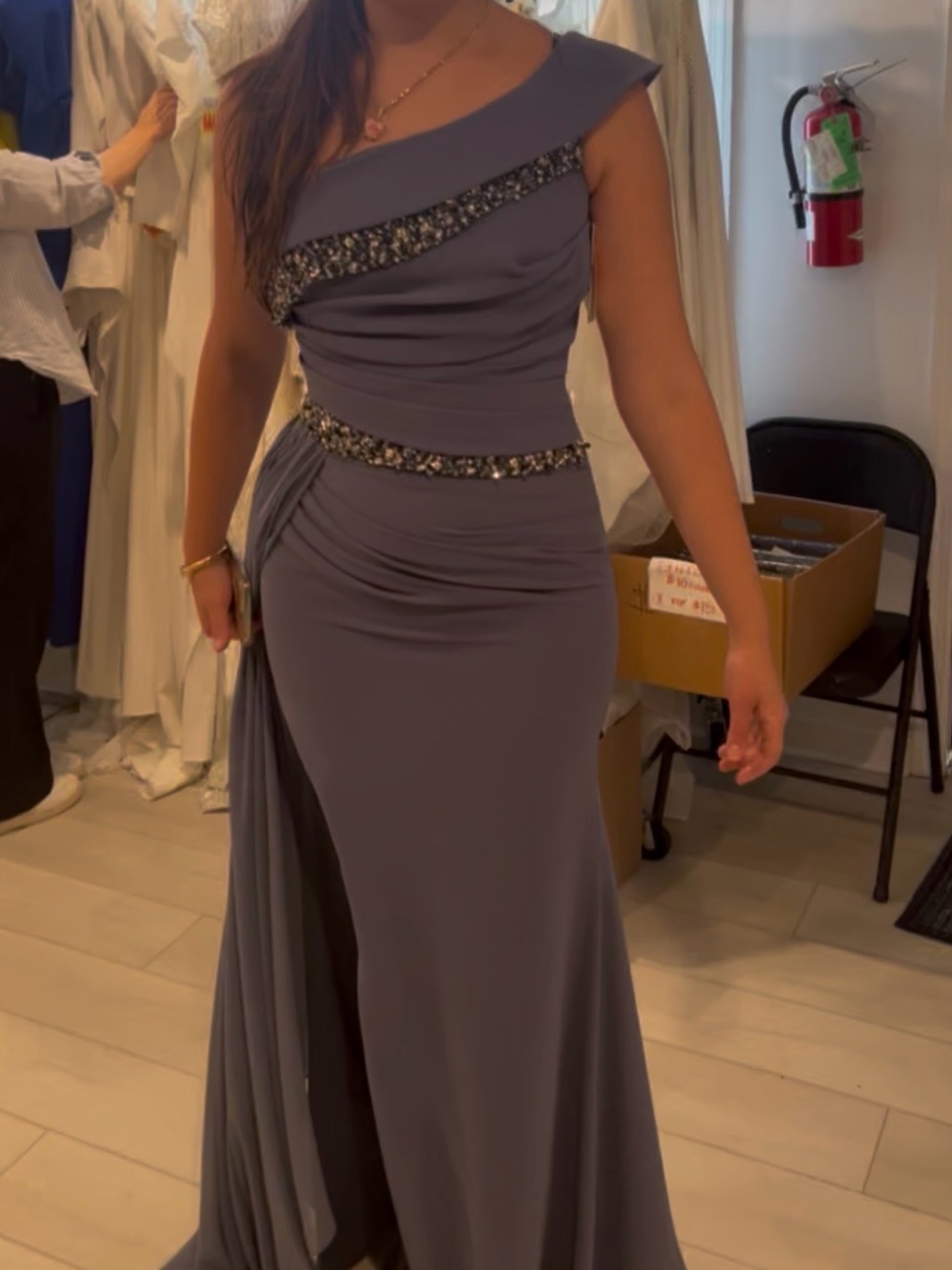 Layali Elegant One-Shoulder Evening Gown in Slate Blue/Gray